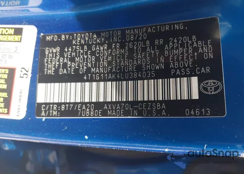 2020 Toyota Camry Se from USA, damaged, VIN 4T1G11AK4LU384035